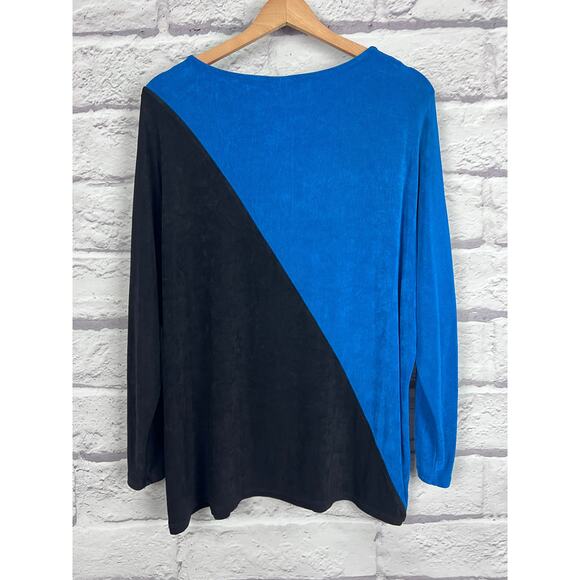 CHICO'S Women's L (2) Blue Black Colorblock Acetate Slinky Stretch USA Made Top - Picture 3 of 8